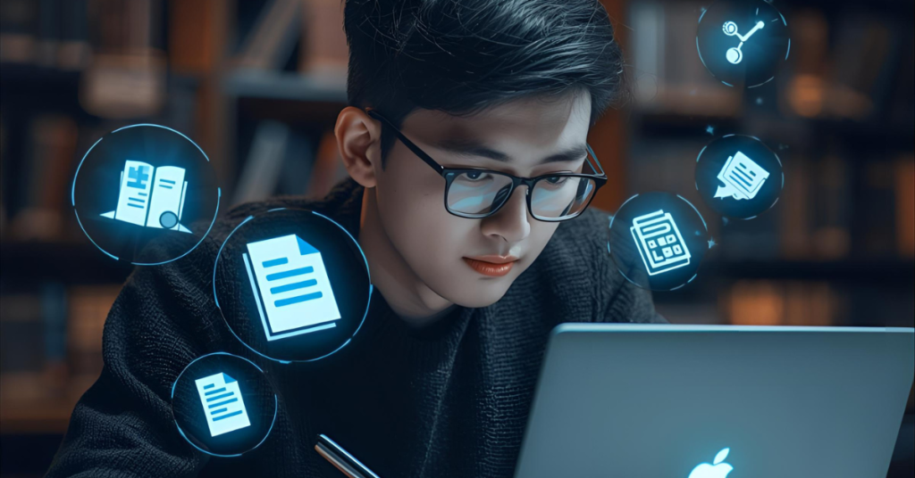 A student writing on a laptop with floating AI icons AI for revision