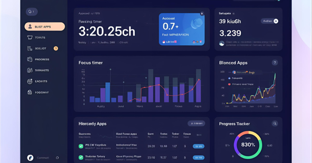AI focus and productivity tools for students. AI productivity dashboard showing blocked distractions and study progress.