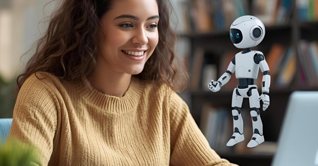 Ai Support for fast academic writing Happy student submitting research paper with AI assistance.