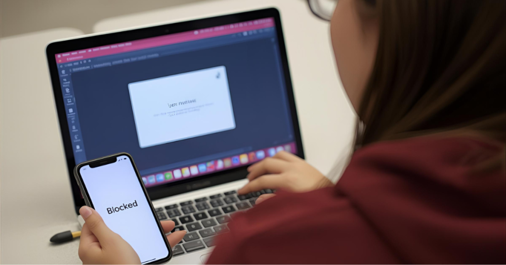 Student using AI app to block distractions while studying. Student using AI app to block distractions while studying.