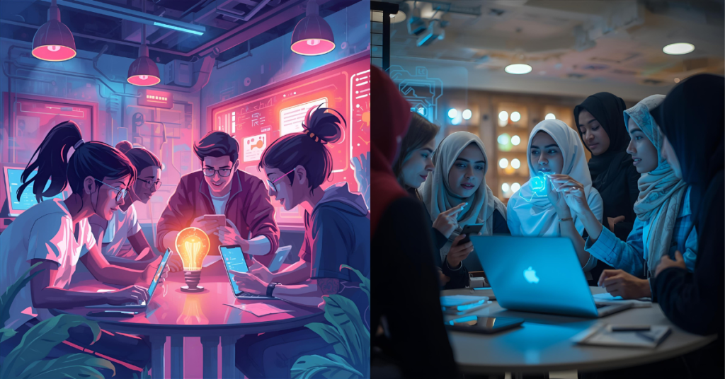 AI note-taking apps in teamwork Students using AI note-taking app during a group meeting