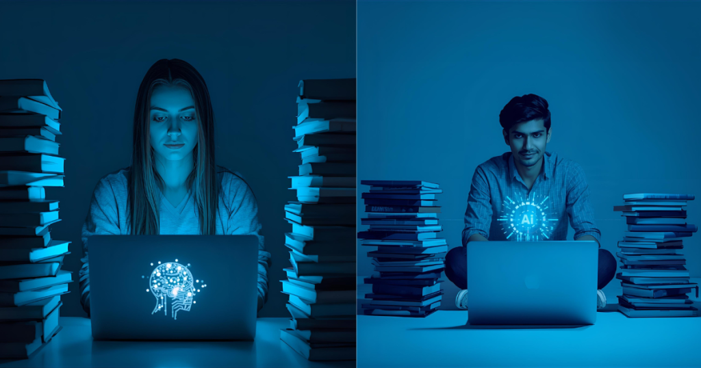 Teacher guiding students with AI tools in class